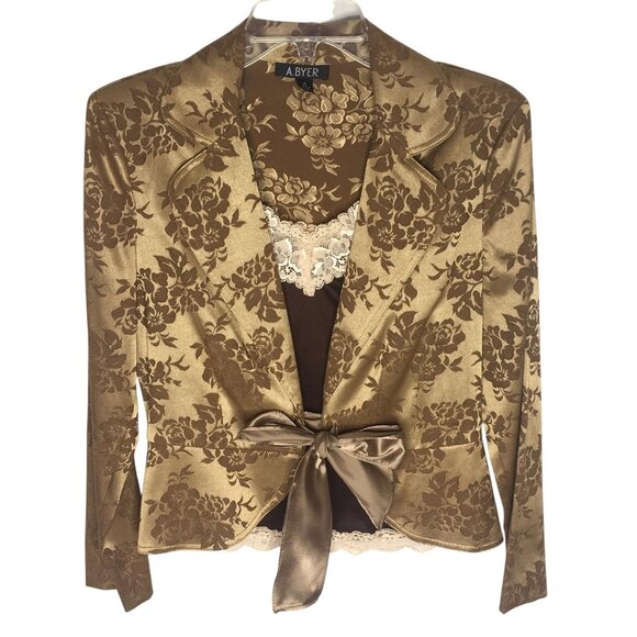 A. Byer Jacket Womens Medium Gold Brown Floral Jacquard Satin Tie Waist Blazer - Picture 1 of 16